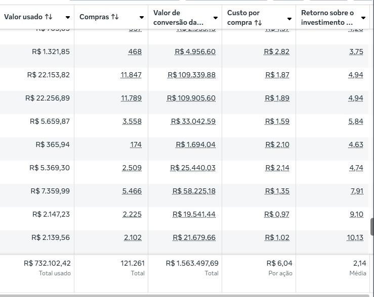 Captura 1 de resultados do painel de anúncios: investimento R$ 732.102,42, valor de conversão R$ 1.563.497,69 e ROAS 2,14