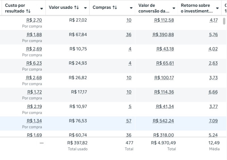 Captura 6 de resultados do painel de anúncios: investimento R$ 397,82, valor de conversão R$ 4.970,49 e ROAS 12,49