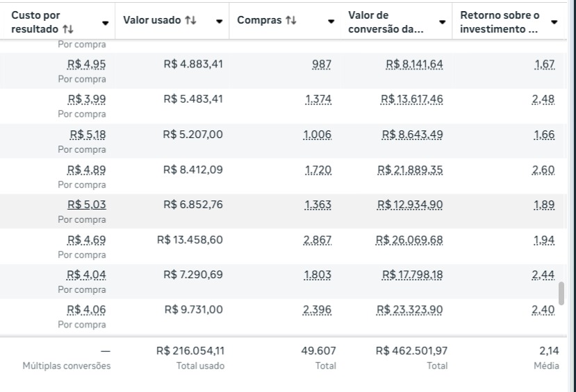 Captura 2 de resultados do painel de anúncios: investimento R$ 216.054,11, valor de conversão R$ 462.501,97 e ROAS 2,14